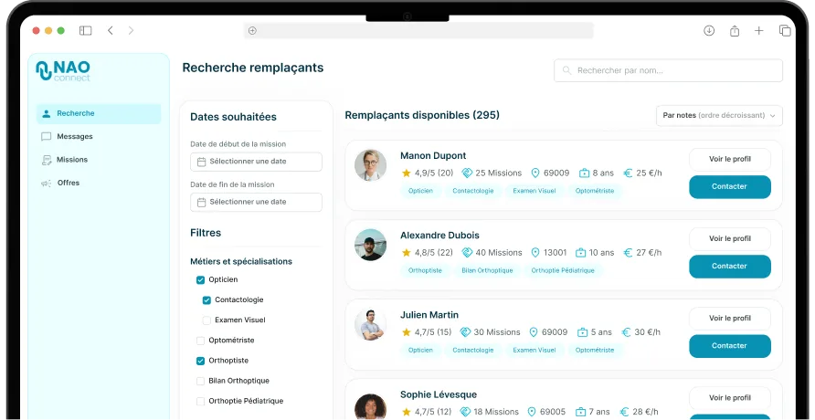Aperçu du tableau de bord NAO Connect de recherche de remplaçants