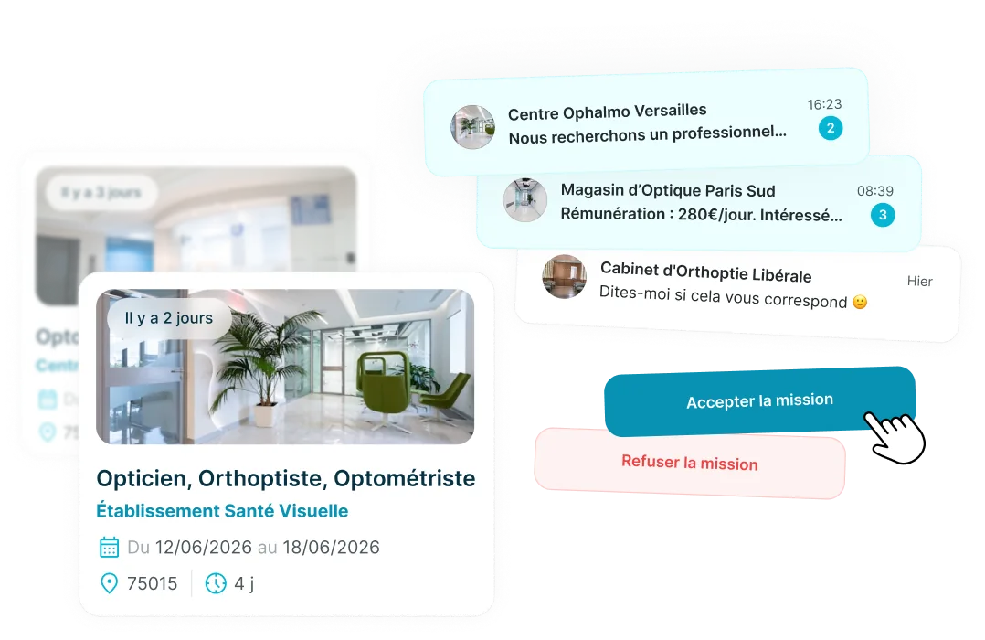 Écran d'une offre de mission et d'une conversation avec un établissement